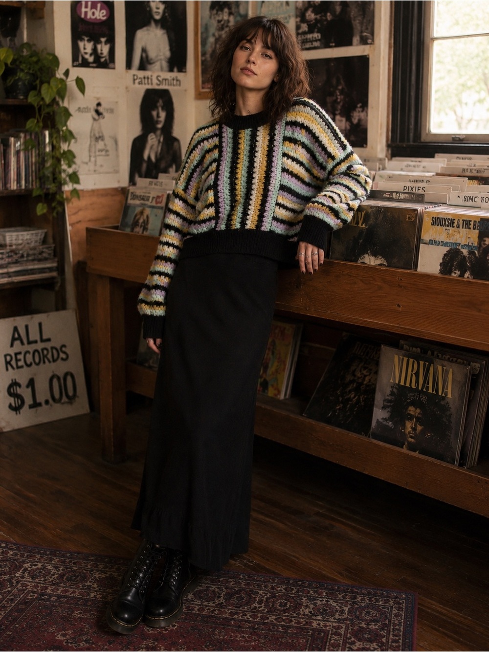 Zara Striped Chunky Knit Cropped Drop Shoulder Sweater Wool/Alpaca/Acrylic Sz L